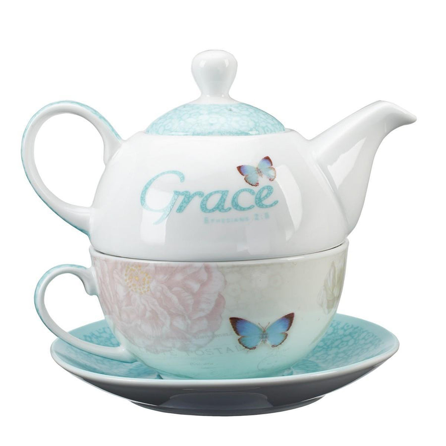 Grace Blue Butterfly Blessings Ephesians 2:8 Tea Set for One