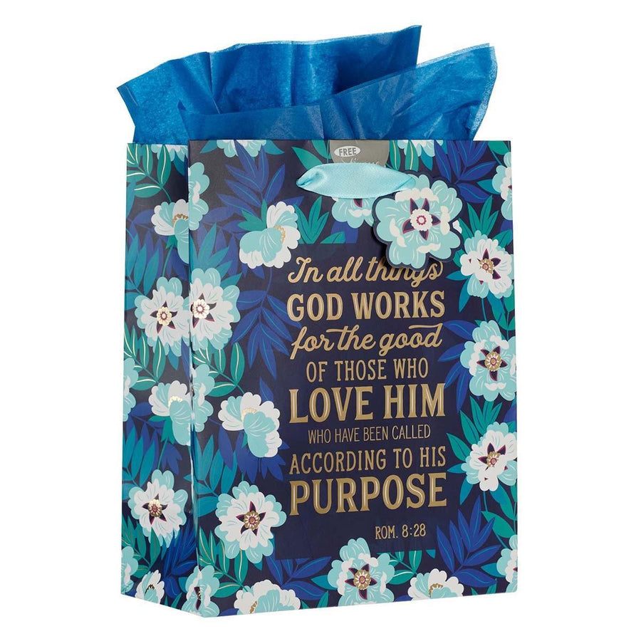 God Works For Good Romans 8:27 Floral Blue Gift Bag